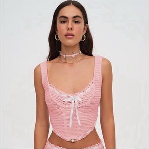 For Love and Lemons Pink Crochet Lace Trim Top - WITH FLAW